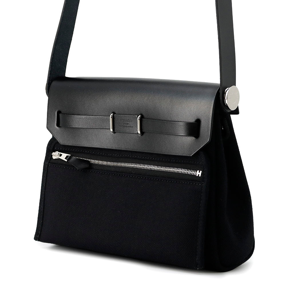 HERMES Herbag zip Black Toile H Viking Vache Hunter Leather Size Mini
