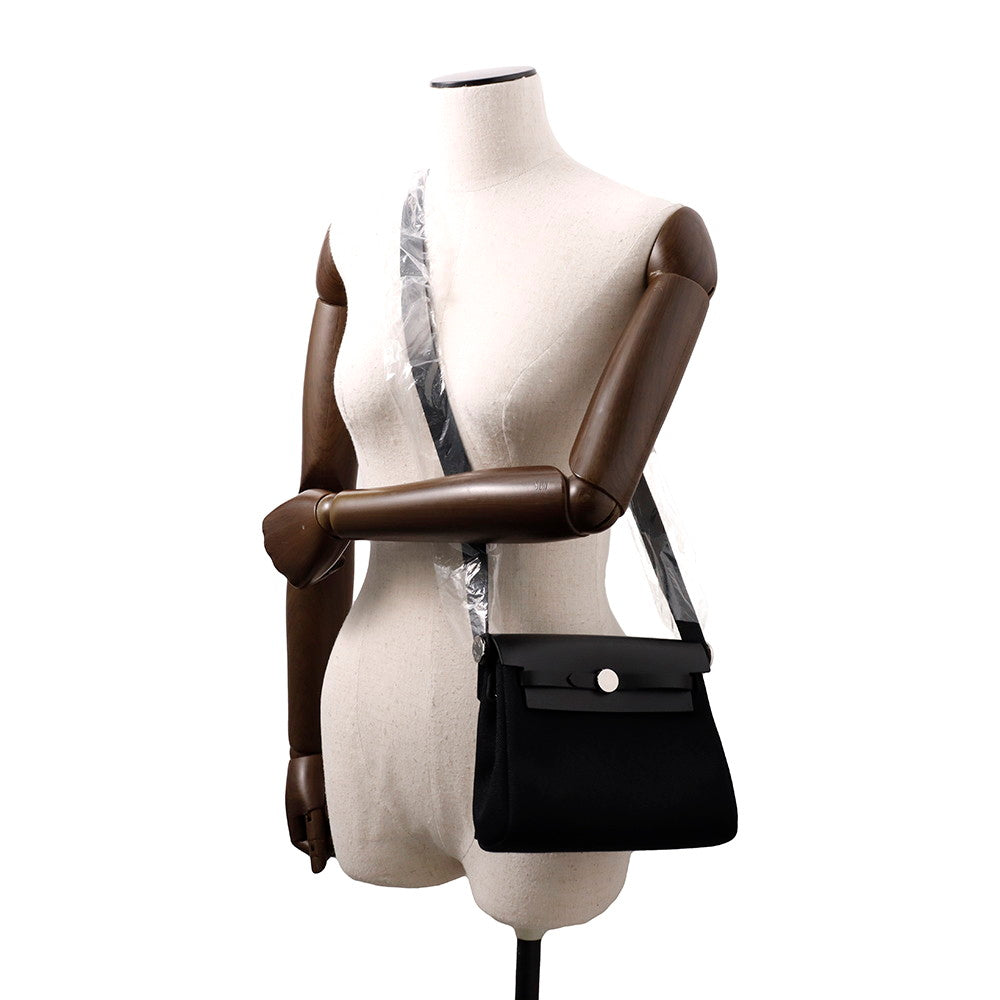 HERMES Herbag zip Black Toile H Viking Vache Hunter Leather Size Mini