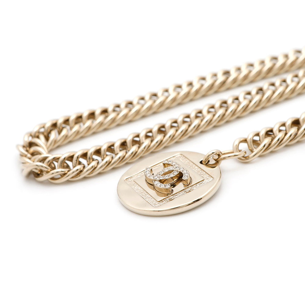 CHANEL Choker Necklace CC Logo Round Plate Gold Metal Rhinestone