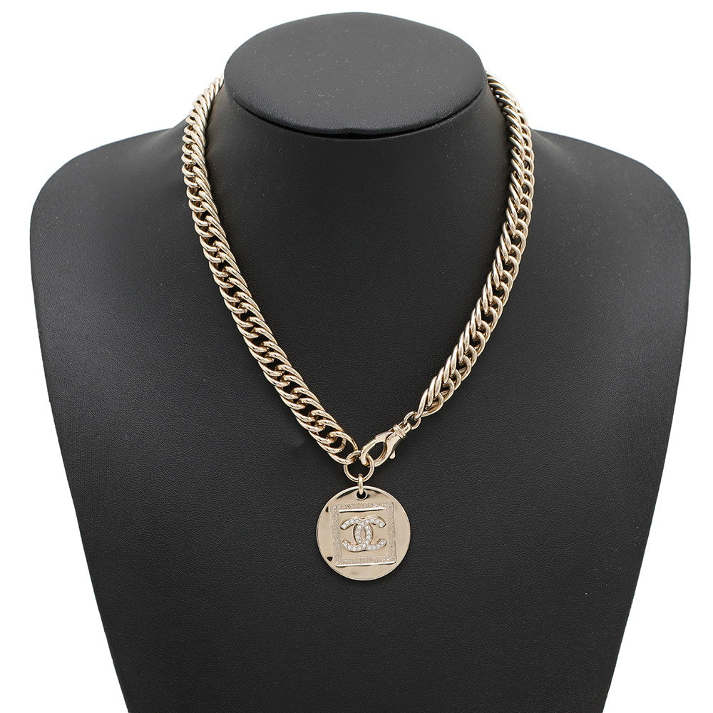 CHANEL Choker Necklace CC Logo Round Plate Gold Metal Rhinestone