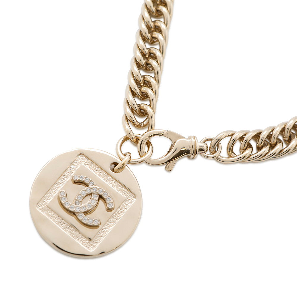 CHANEL Choker Necklace CC Logo Round Plate Gold Metal Rhinestone