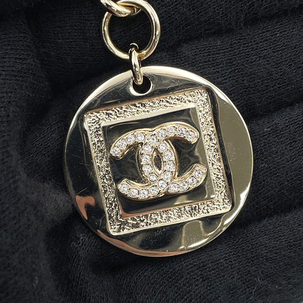 CHANEL Choker Necklace CC Logo Round Plate Gold Metal Rhinestone