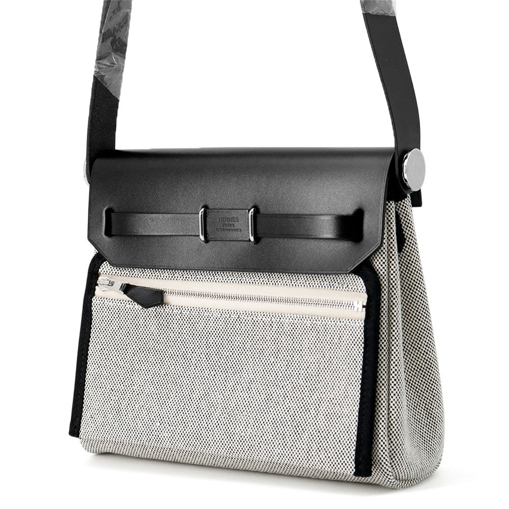 HERMES Herbag zip Black/Ecru Toile Military Vache Hunter Leather Size Mini