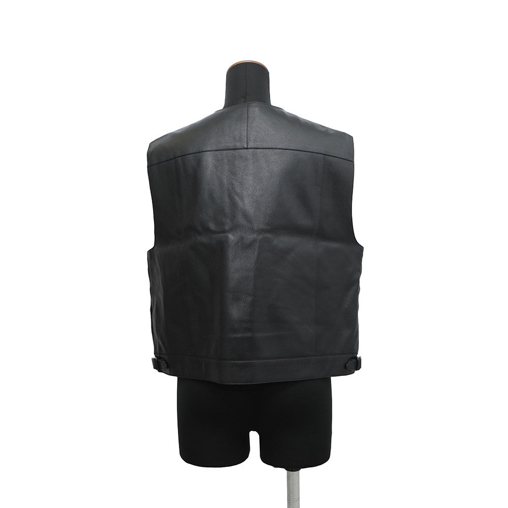 HERMES Serie Button Sleeveless Vest Size 42 Black Goatskin Leather