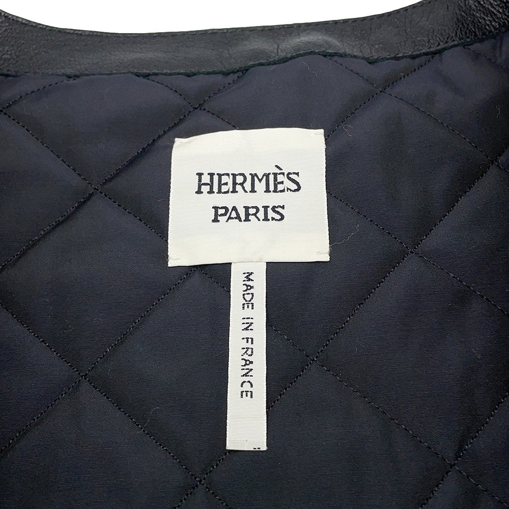 HERMES Serie Button Sleeveless Vest Size 42 Black Goatskin Leather