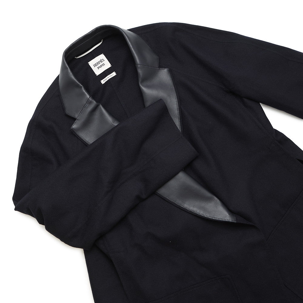 HERMES Soft Tilt Leather Mix Coat Size 38 Navy/Black Cashmere86% Silk14% Sheepskin