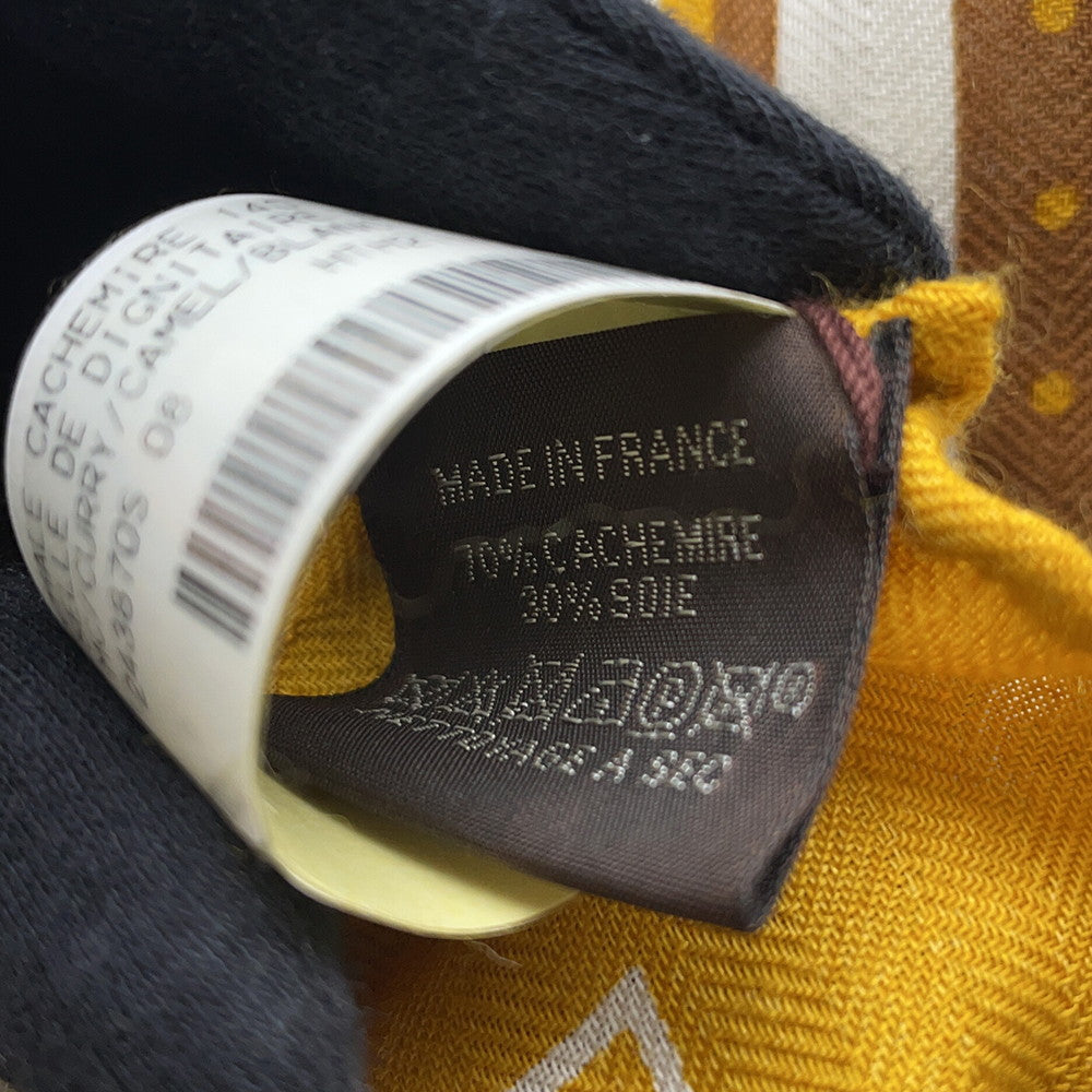 HERMES Giant Square Dignitary's Saddle SELLE DE DIGNITAIRE Size 140 Curry/Camel/Blanc Cashmere70% Silk30%