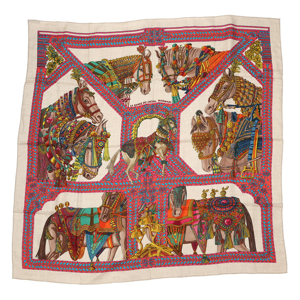 HERMES Giant Square LA DANSE DU CHEVAL MARWARI Marwari Horse Dance Size 140 Beige/Multicolor Cashmere65% Silk35%