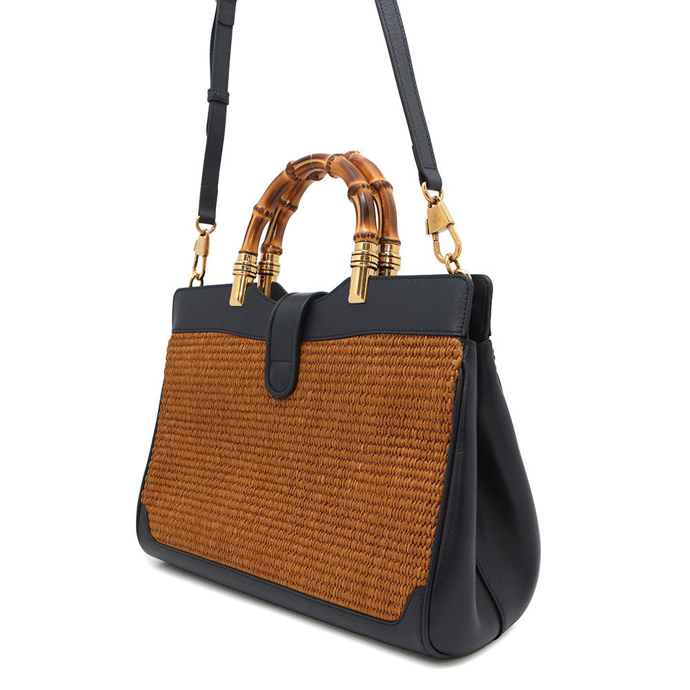 GUCCI Japan Limited Edition Double GG Bamboo Top Handle Bag Navy655657 Straw Leather