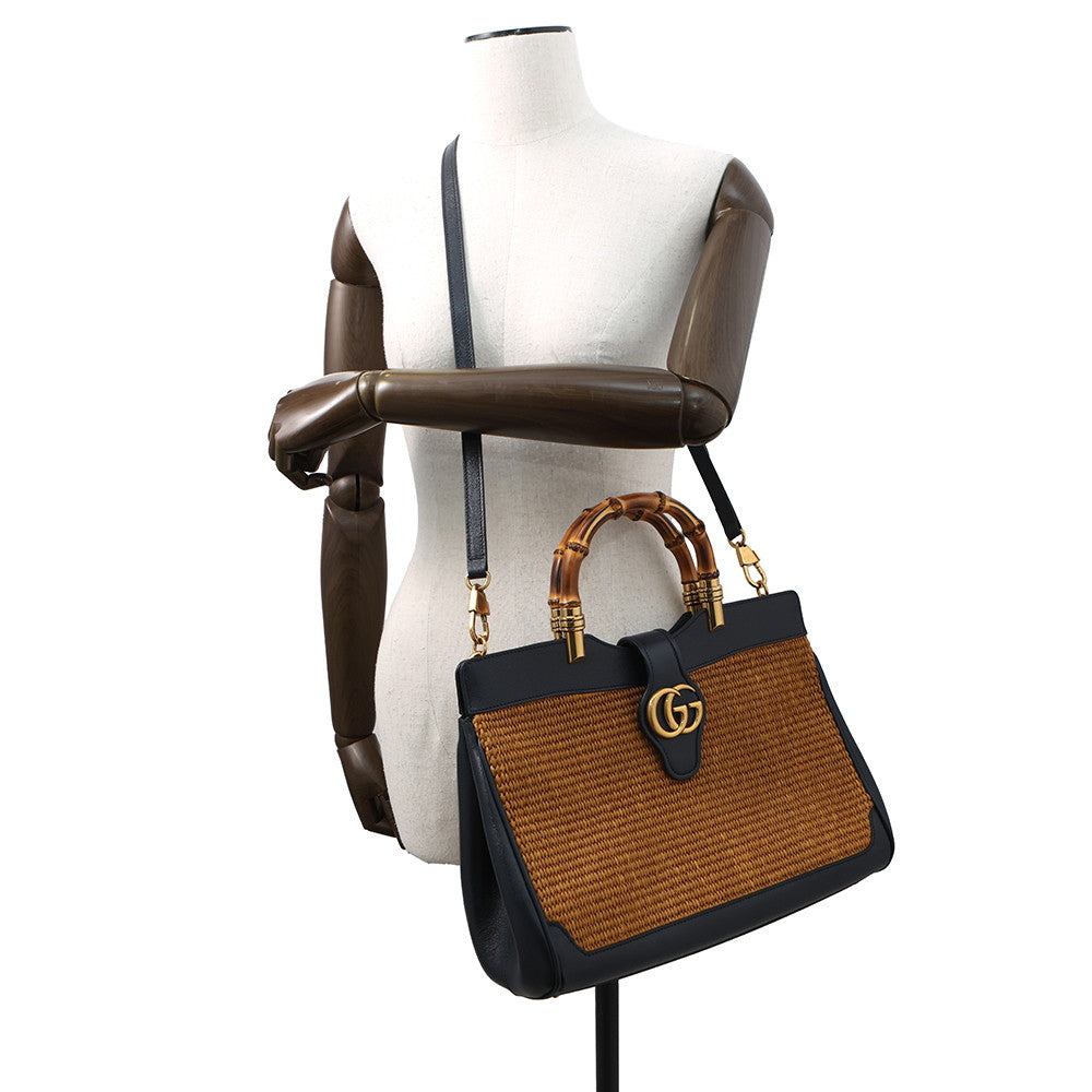 GUCCI Japan Limited Edition Double GG Bamboo Top Handle Bag Navy655657 Straw Leather