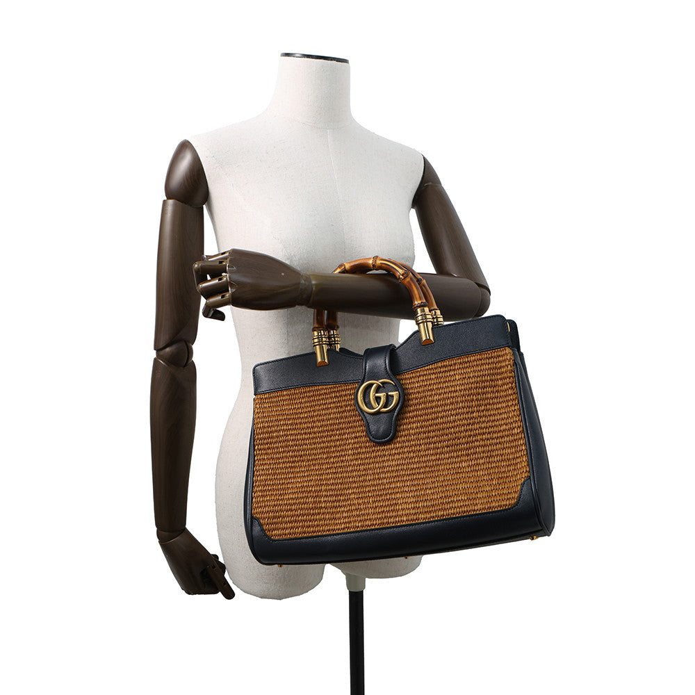 GUCCI Japan Limited Edition Double GG Bamboo Top Handle Bag Navy655657 Straw Leather