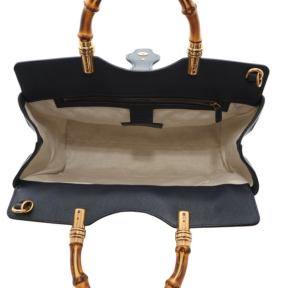GUCCI Japan Limited Edition Double GG Bamboo Top Handle Bag Navy655657 Straw Leather