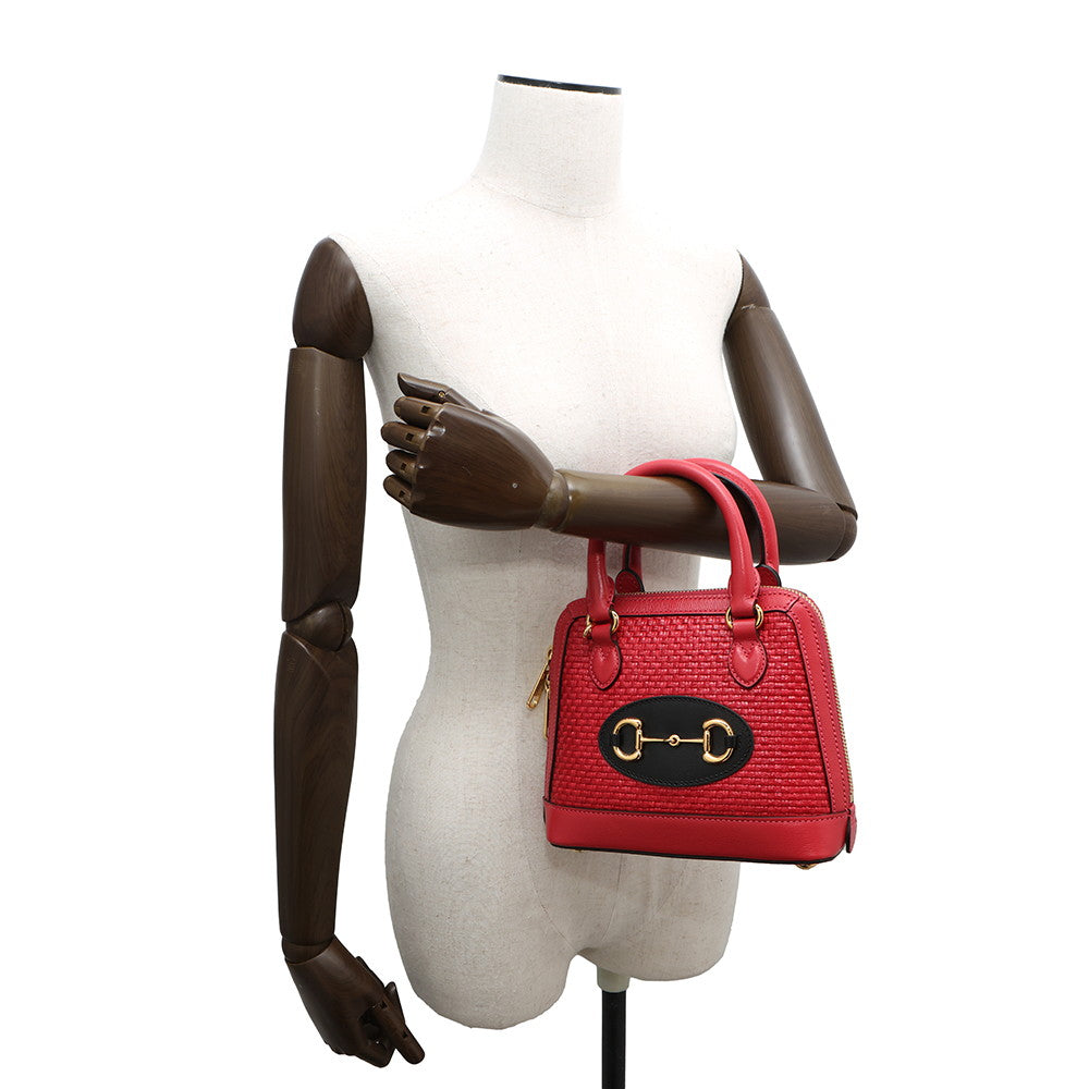 GUCCI Horsebit 1955 Top Handle Bag Red640716 Leather Straw Size Mini