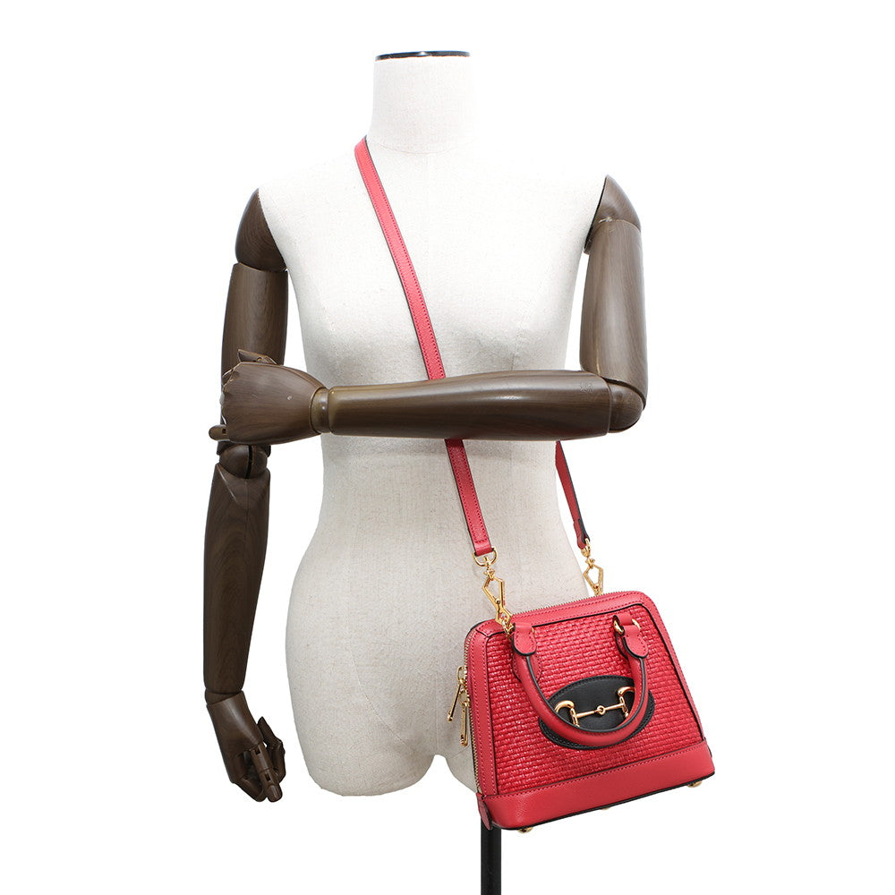 GUCCI Horsebit 1955 Top Handle Bag Red640716 Leather Straw Size Mini