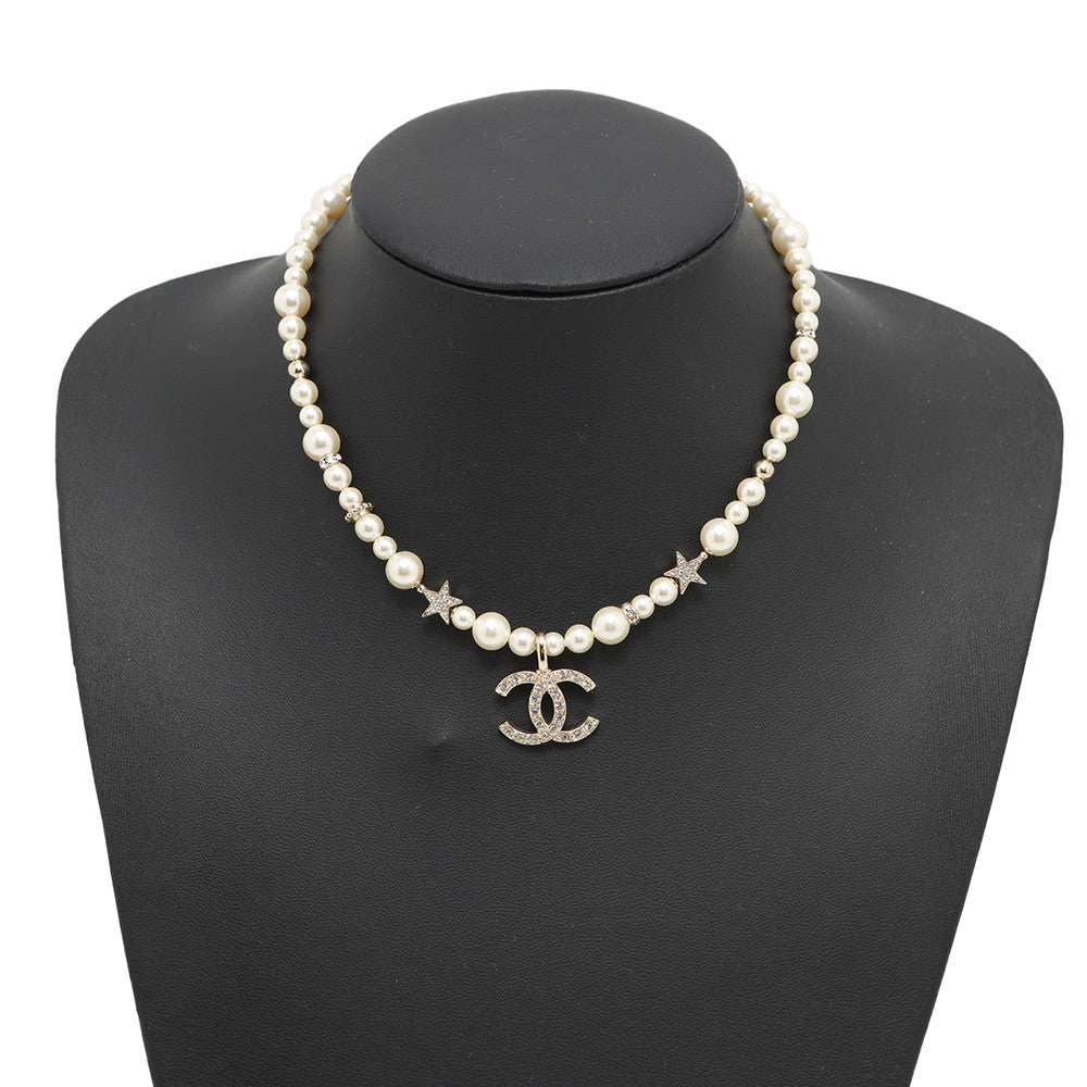 CHANEL CC Logo Star NecklaceABB256 Gold Plated Rhinestone Faux Pearl