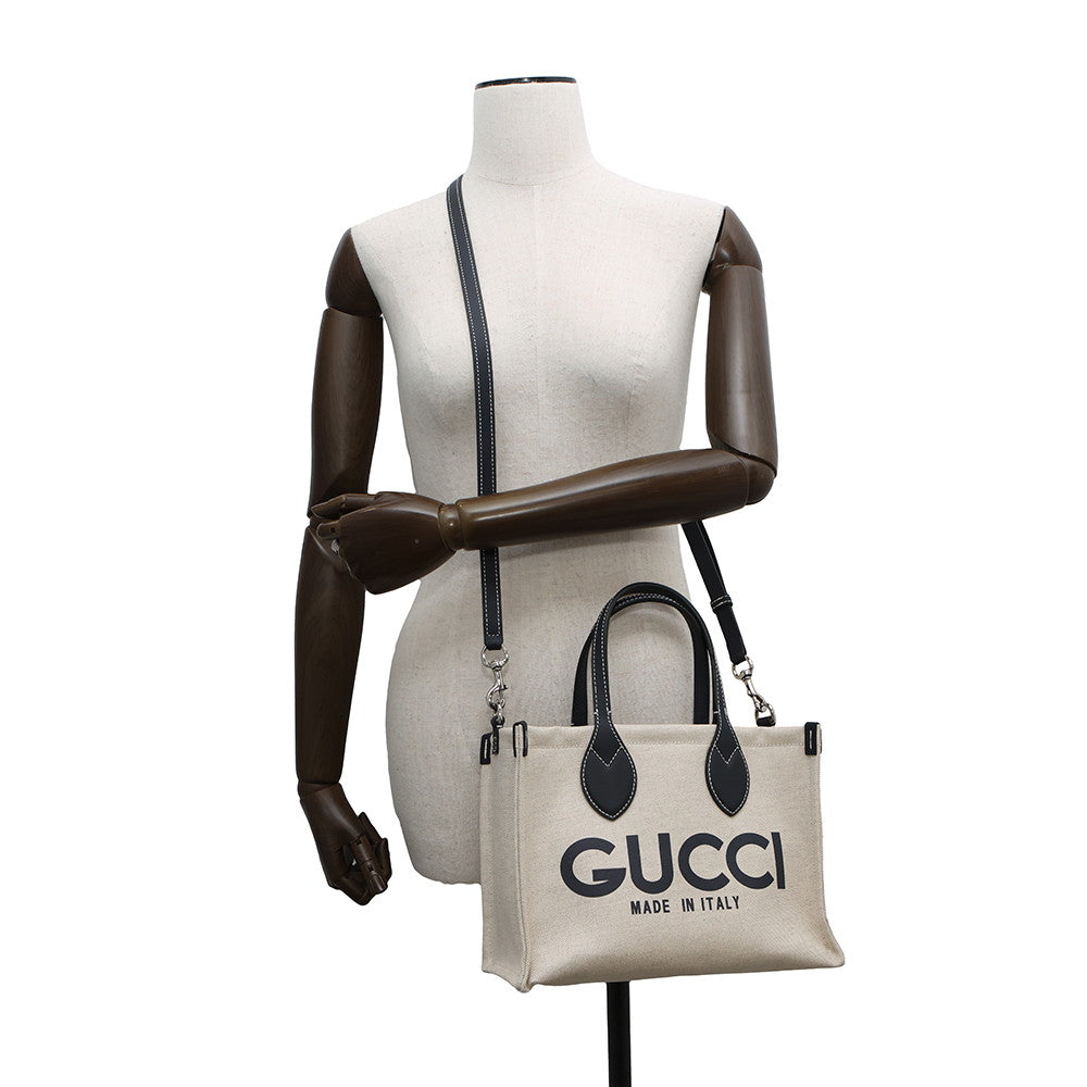 GUCCI Logo Print Medium Tote Bag Beige/Navy772144 CanvasxLeather