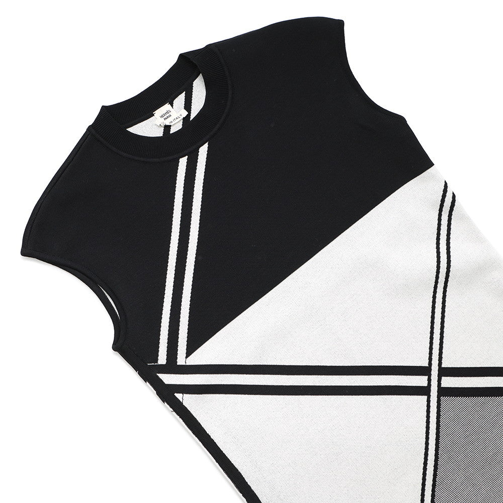 HERMES Cross line sleeveless dress Size 34 Black/White Rayon50% Cotton42% Nylon7% Polyurethane1%