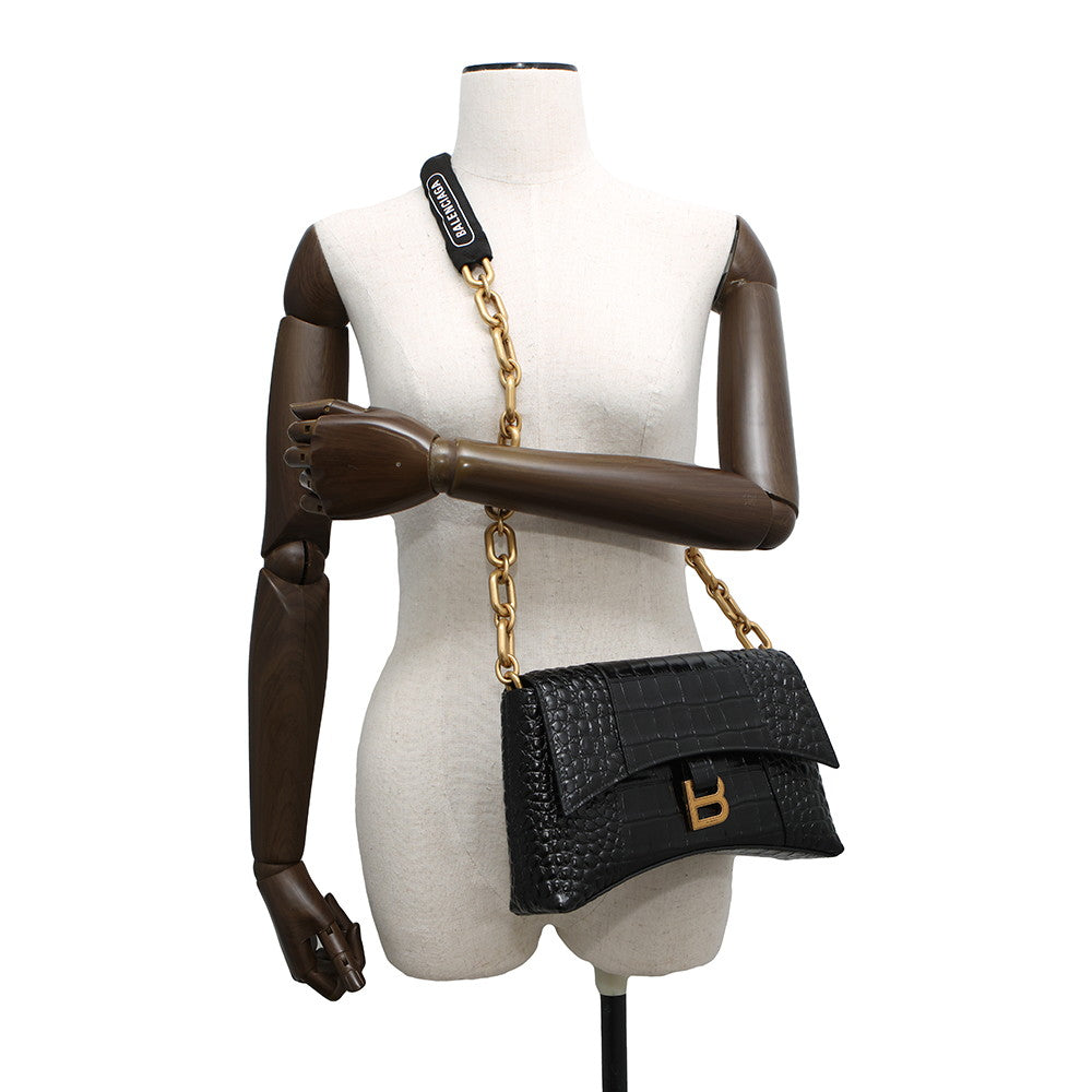 BALENCIAGA Downtown XS ChainShoulder Bag Black689121 Croco embossed leather