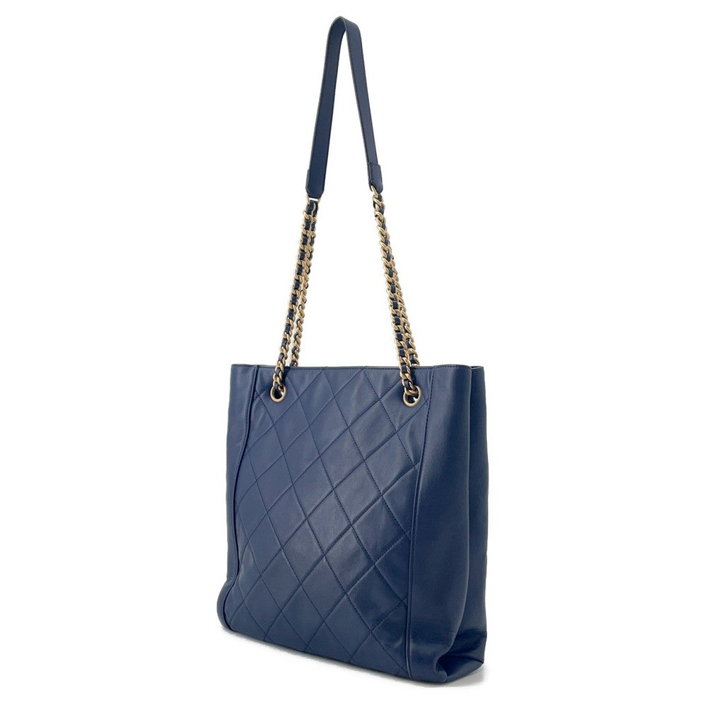 CHANEL Chain Tote Shopping Bag NavyAS2295 Calf Leather Size Small