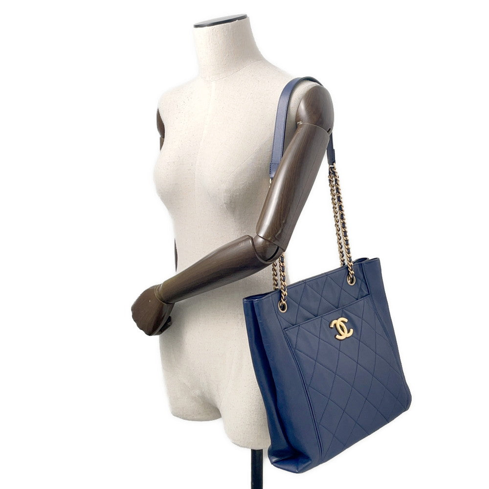 CHANEL Chain Tote Shopping Bag NavyAS2295 Calf Leather Size Small