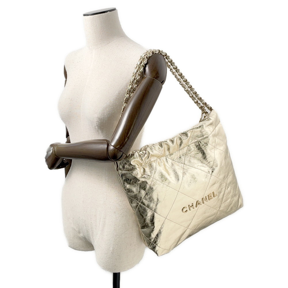 CHANEL CHANEL22 ChainShoulder Bag Champagne GoldAS3260 Shiny Calf Leather Size Small