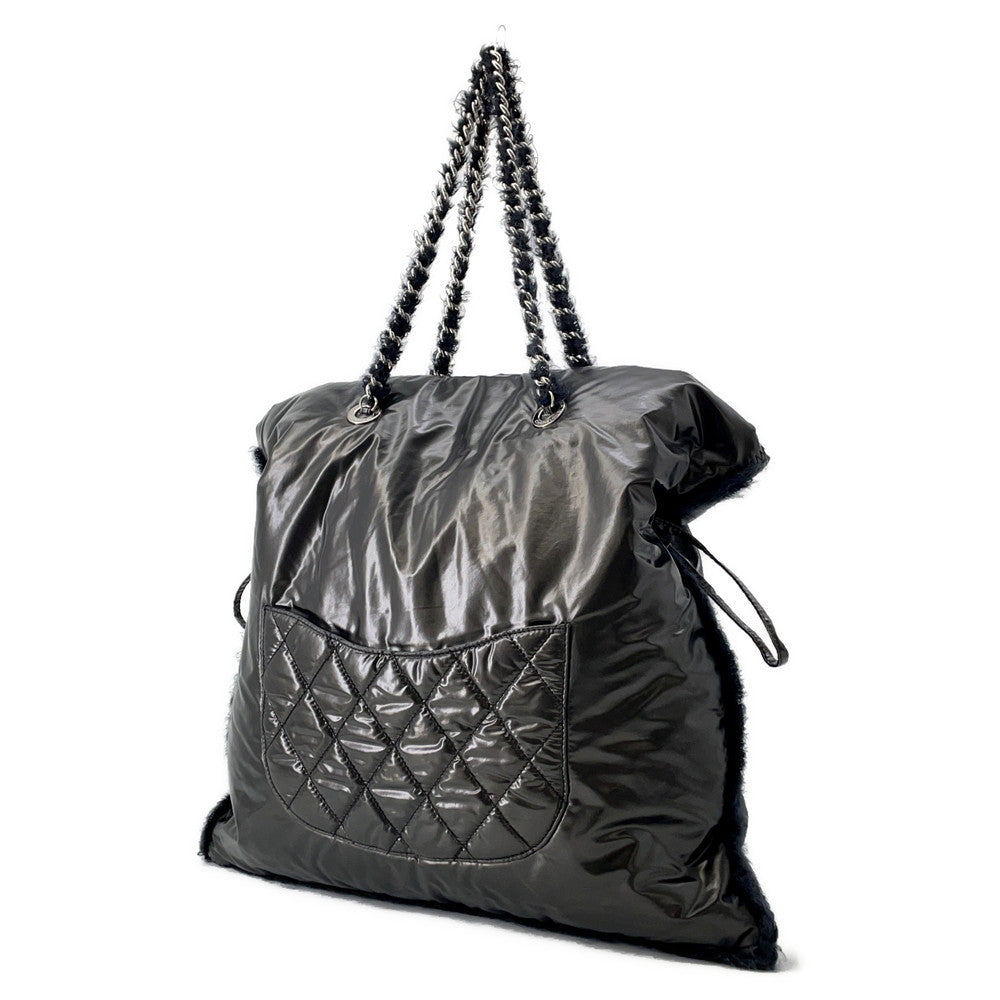 CHANEL CC Logo ChainTote Bag Black Nylon Fur