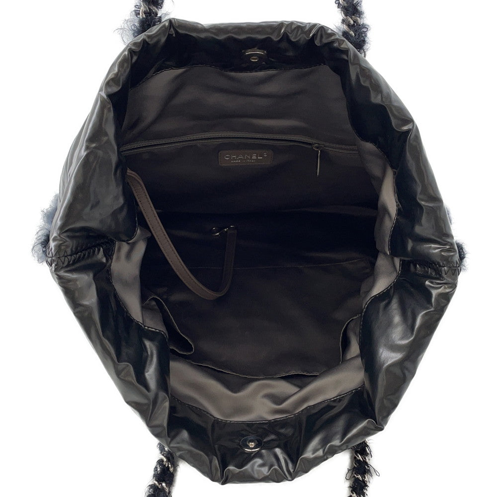 CHANEL CC Logo ChainTote Bag Black Nylon Fur
