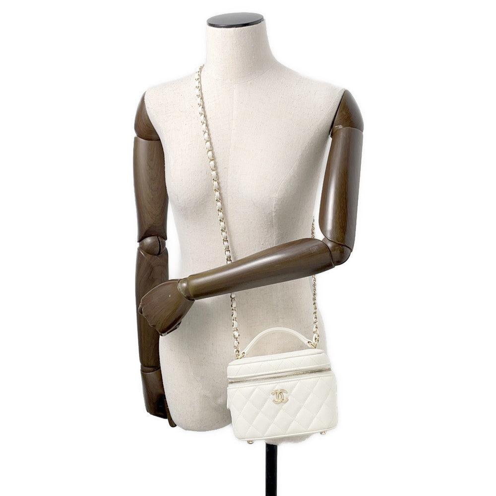 CHANEL Matelasse Top Handle Chain Vanity Bag WhiteAS3171 Caviar Leather Size Small