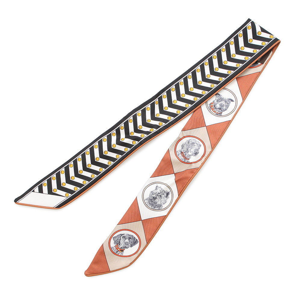 HERMES Twilly "Collier & Chien" 25 Spring/Summer Collection Black/White/Caramel Silk Leather