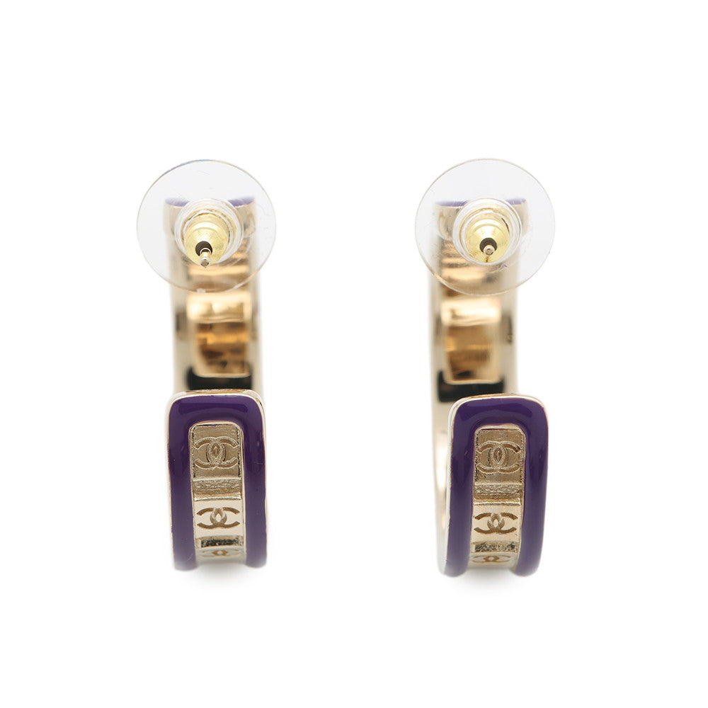 CHANEL CC Logo Hoop Earrings Purple Metal Enamel