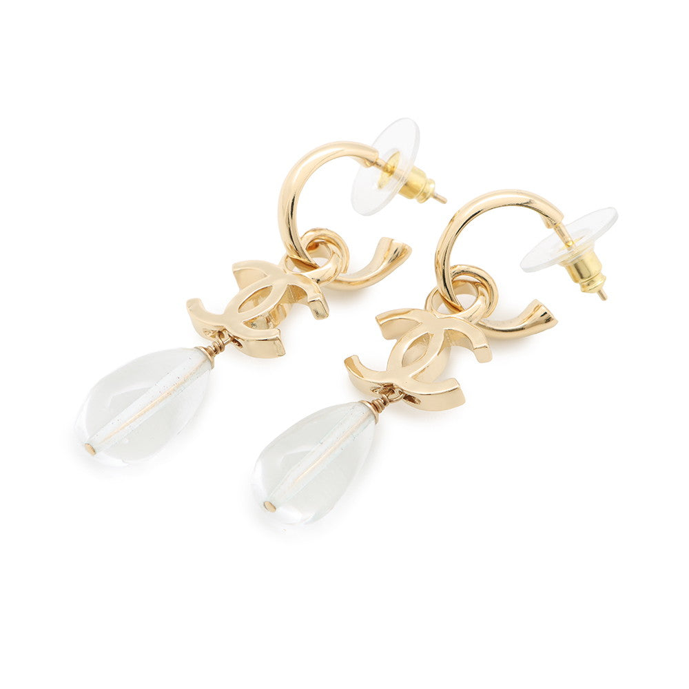 CHANEL CC Logo Hoop Drop Motif Earrings Metal Resin