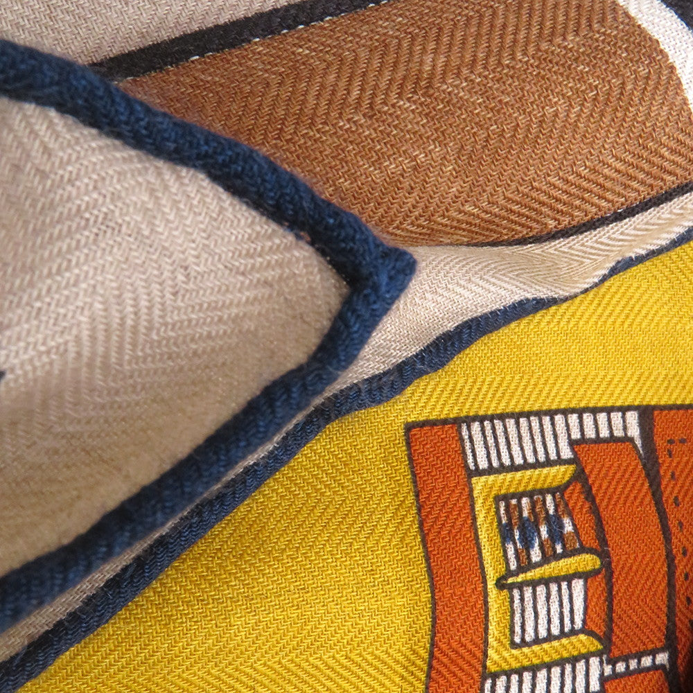 HERMES Carre LETTRES EQUESTRES Size 140 Miel/Blue/Brown Cashmere70% Silk30%