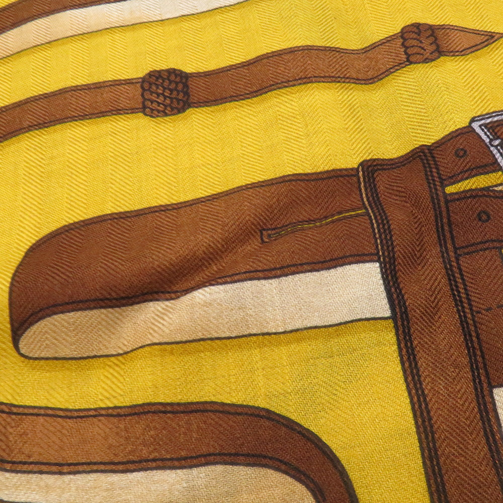 HERMES Carre LETTRES EQUESTRES Size 140 Miel/Blue/Brown Cashmere70% Silk30%