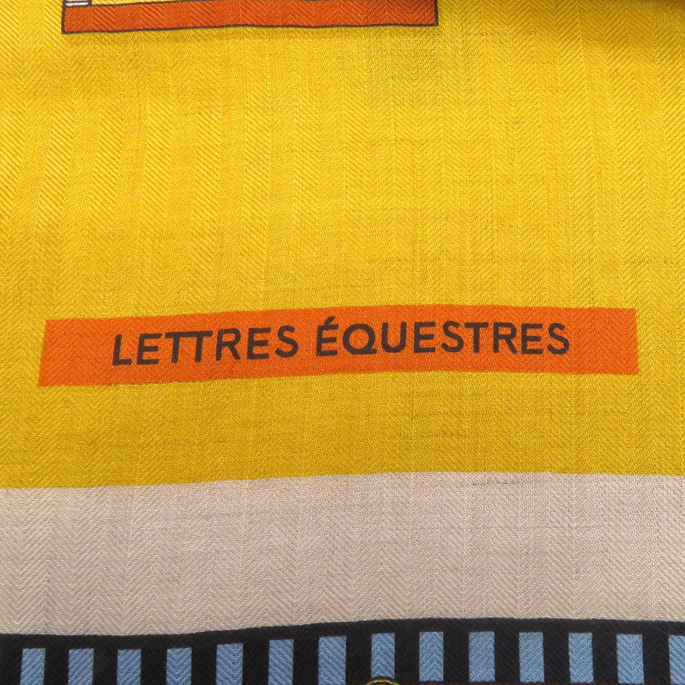HERMES Carre LETTRES EQUESTRES Size 140 Miel/Blue/Brown Cashmere70% Silk30%