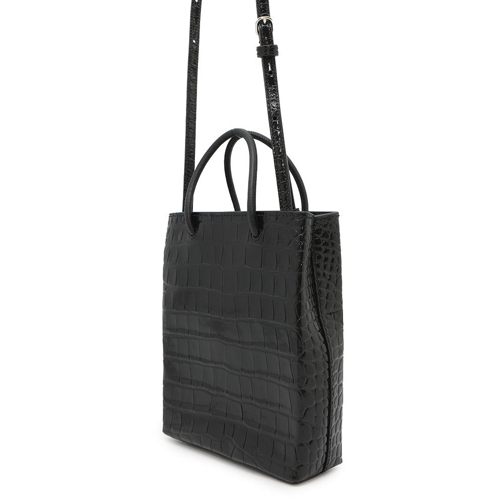 BALENCIAGA 2WAY Crocodile Embossed Shopping Tote Black757776 Embossed Leather Size XXS