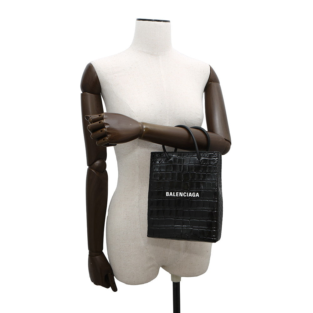 BALENCIAGA 2WAY Crocodile Embossed Shopping Tote Black757776 Embossed Leather Size XXS