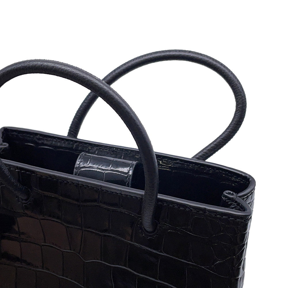 BALENCIAGA 2WAY Crocodile Embossed Shopping Tote Black757776 Embossed Leather Size XXS
