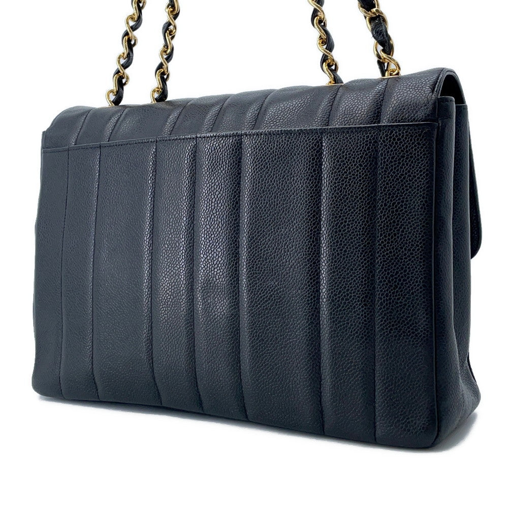 CHANEL Mademoiselle Single Flap ChainShoulder Bag Black Caviar Leather Size 30