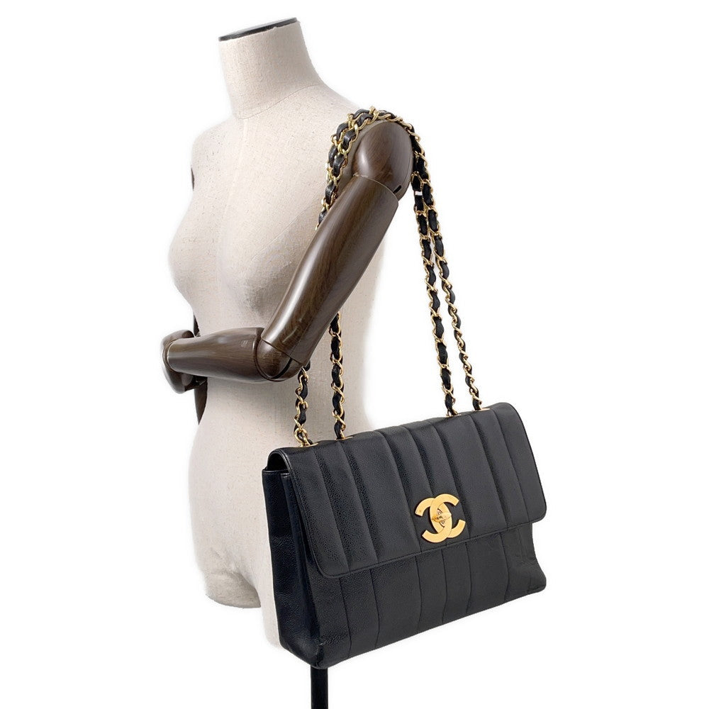 CHANEL Mademoiselle Single Flap ChainShoulder Bag Black Caviar Leather Size 30