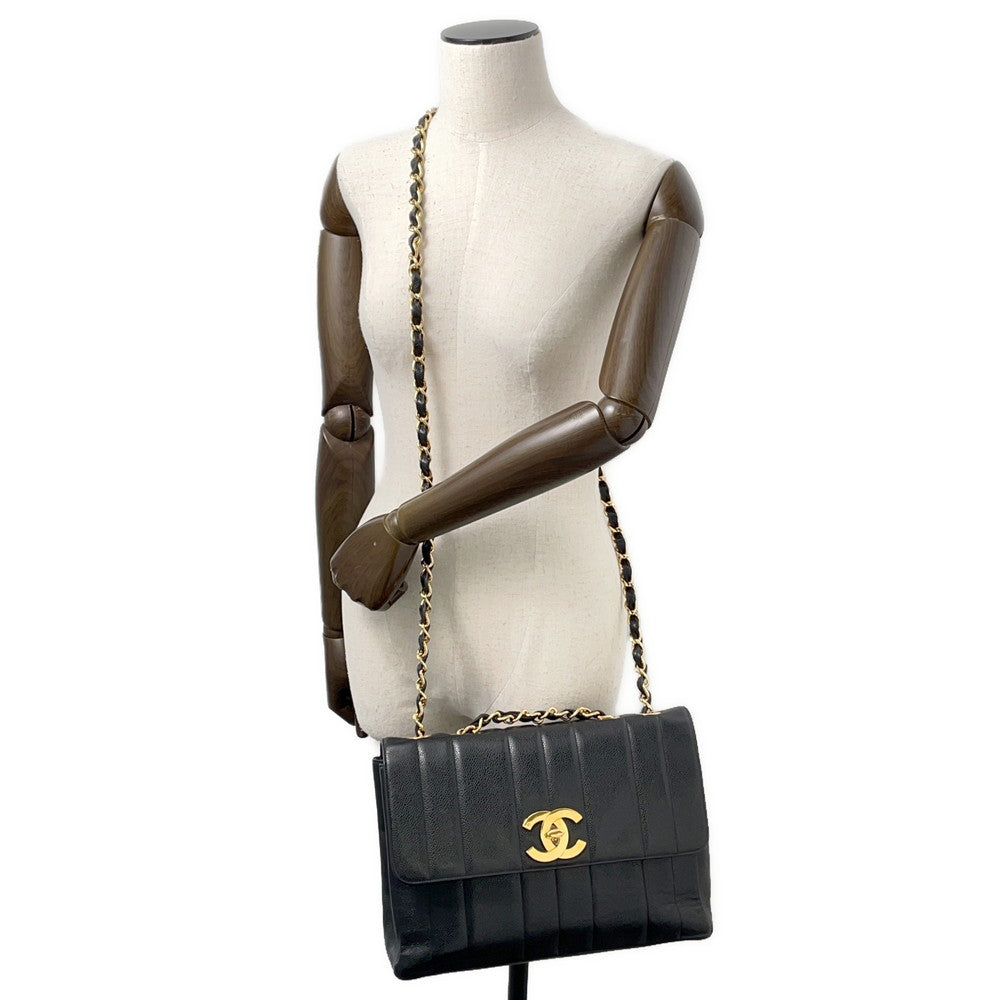 CHANEL Mademoiselle Single Flap ChainShoulder Bag Black Caviar Leather Size 30