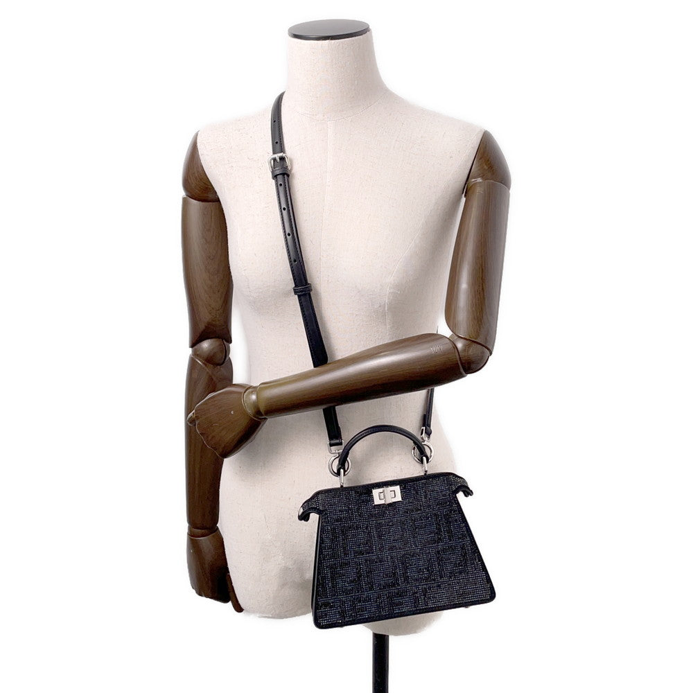 FENDI Peekaboo CrystalFF Handbag 2WAY Black8BN335 suede Size Petit