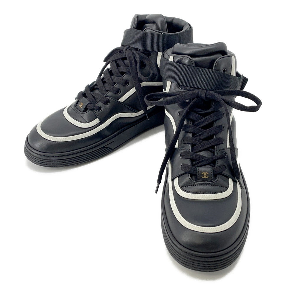 CHANEL Back Logo High Cut Sneakers Black/White/GoldG35064 Leather Size 43
