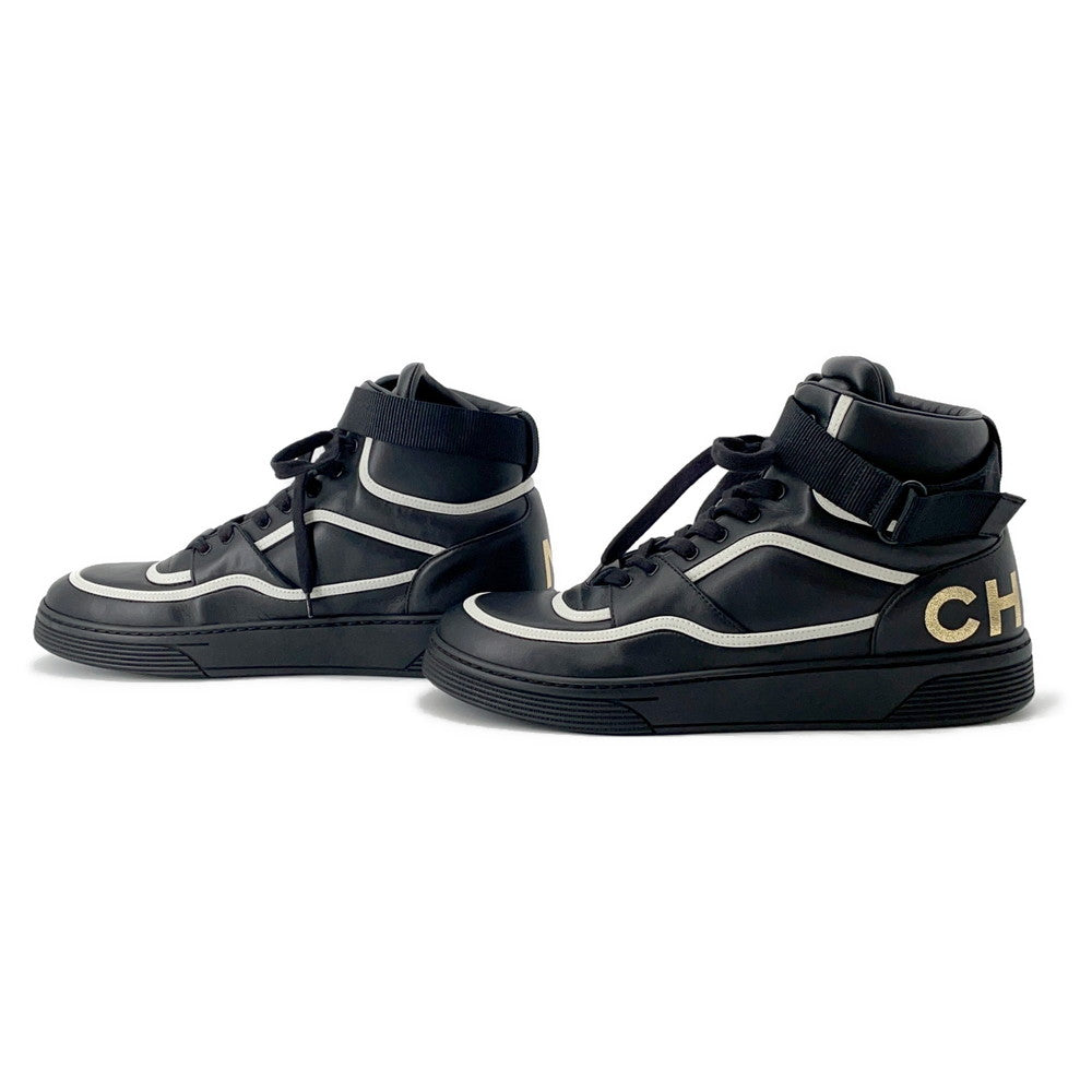 CHANEL Back Logo High Cut Sneakers Black/White/GoldG35064 Leather Size 43