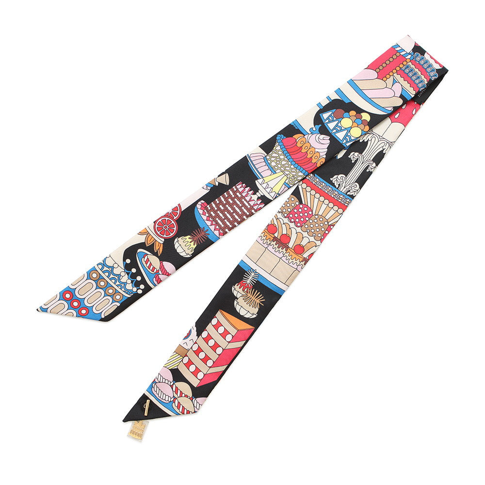 HERMES Twilly Patisserie Francaise La Patisserie Francaise charm Black/Blanc/Blue Silk100%