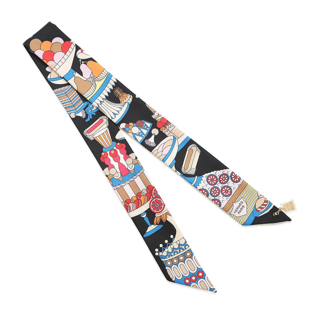 HERMES Twilly Patisserie Francaise La Patisserie Francaise charm Black/Blanc/Blue Silk100%