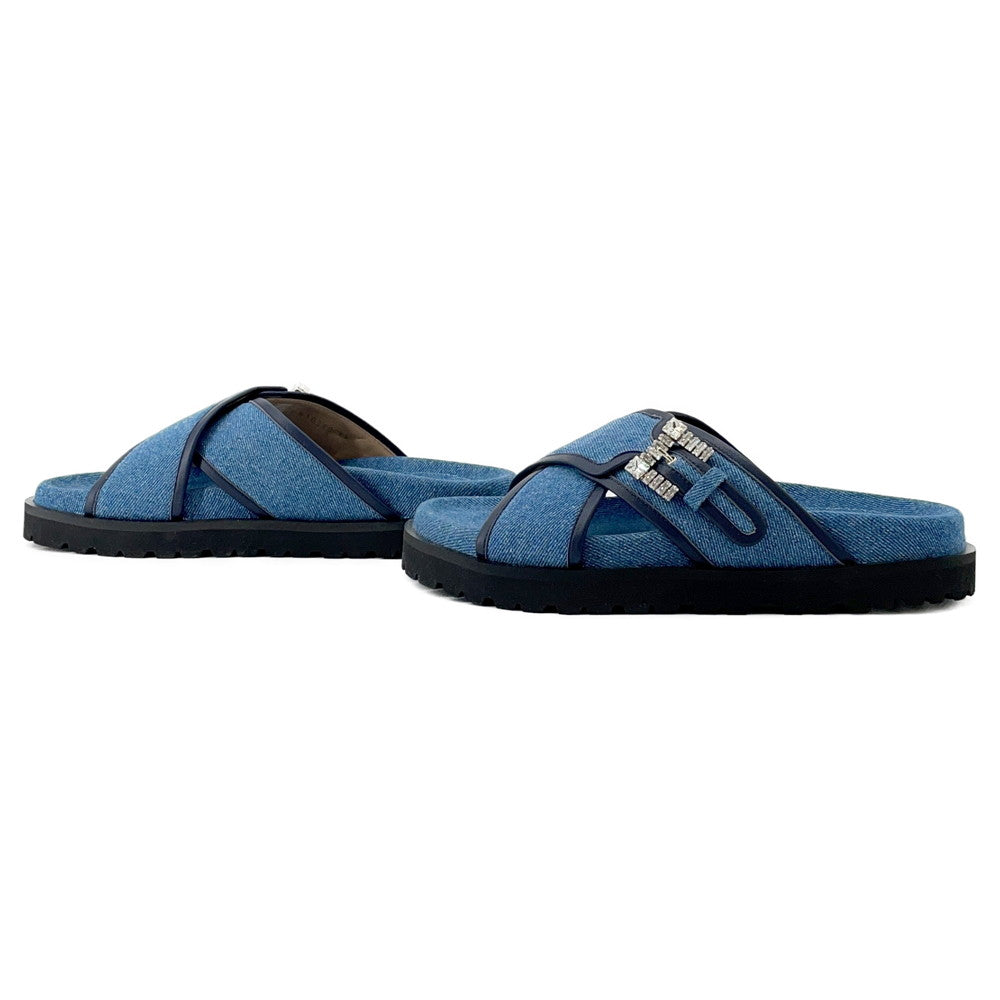 Sergio Rossi sr TWENTY BUCKLE Flat Sandals BlueB10390 Denim Crystal Size 37