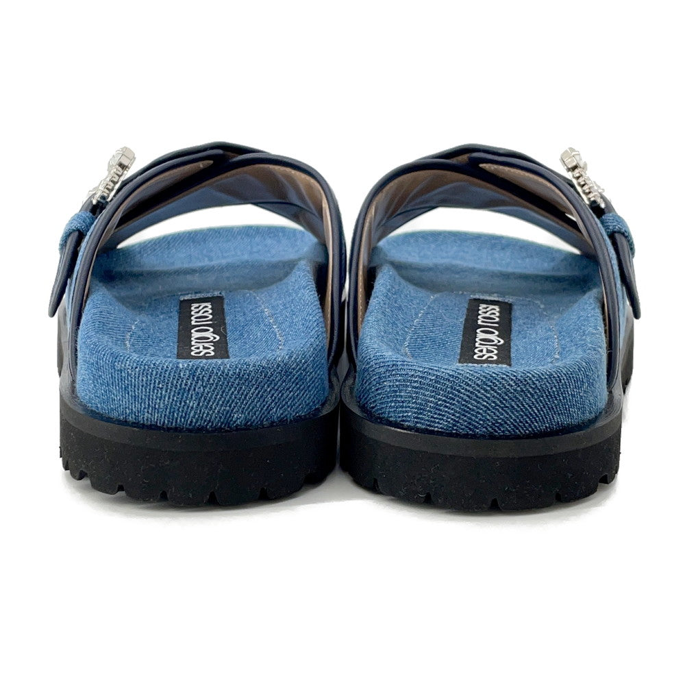Sergio Rossi sr TWENTY BUCKLE Flat Sandals BlueB10390 Denim Crystal Size 37