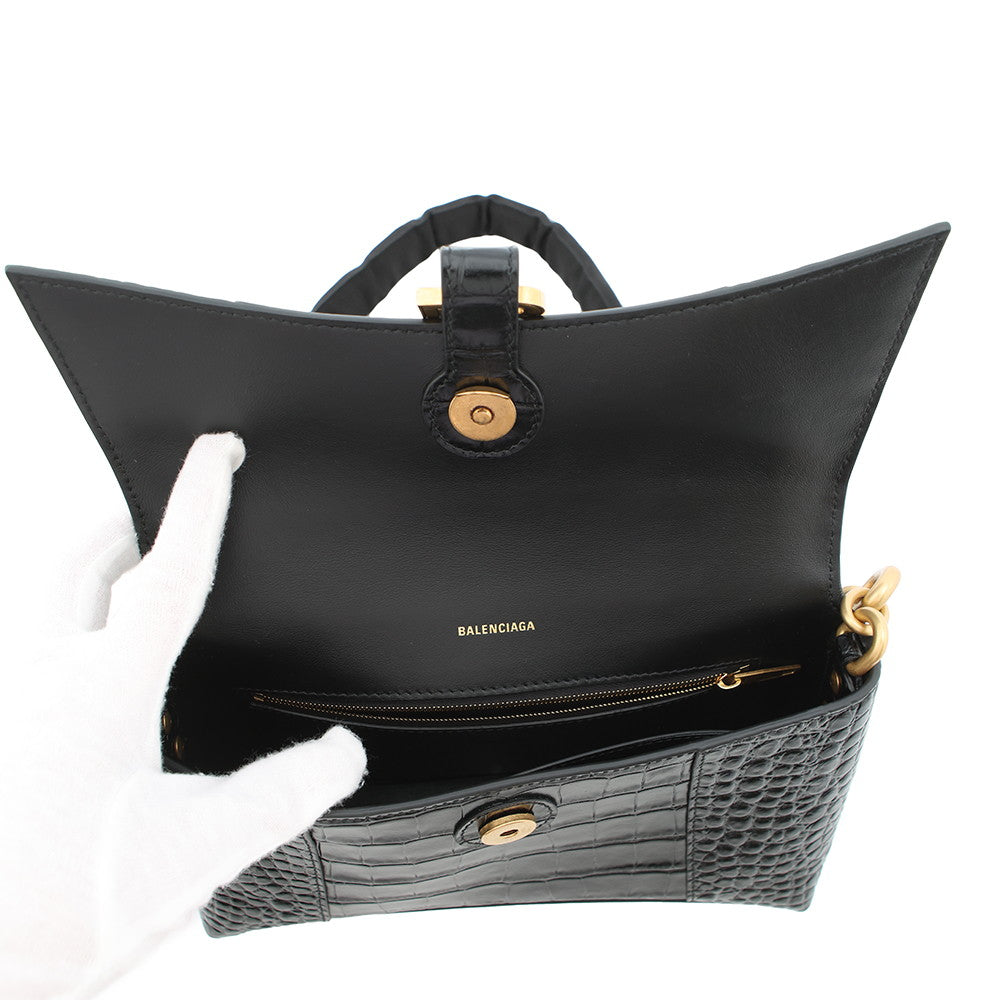 BALENCIAGA Downtown ChainShoulder Bag Black689121 Croco embossed leather Size XS