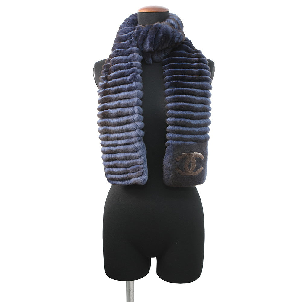 CHANEL Orirag Scarf Navy/Brown Orirag 70% Cashmere30%
