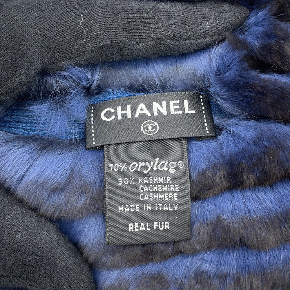 CHANEL Orirag Scarf Navy/Brown Orirag 70% Cashmere30%